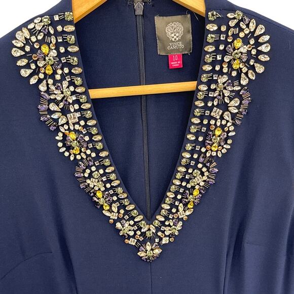 Vince Camuto Beaded Nay Blue V Neck Maxi Formal Evening Dress Women 10 - Picture 2 of 11